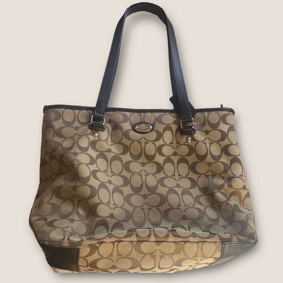 Authentic Coach Jacquard Monogram Tote Purse Brown Tan with Leather Trim - Picture 4 of 15